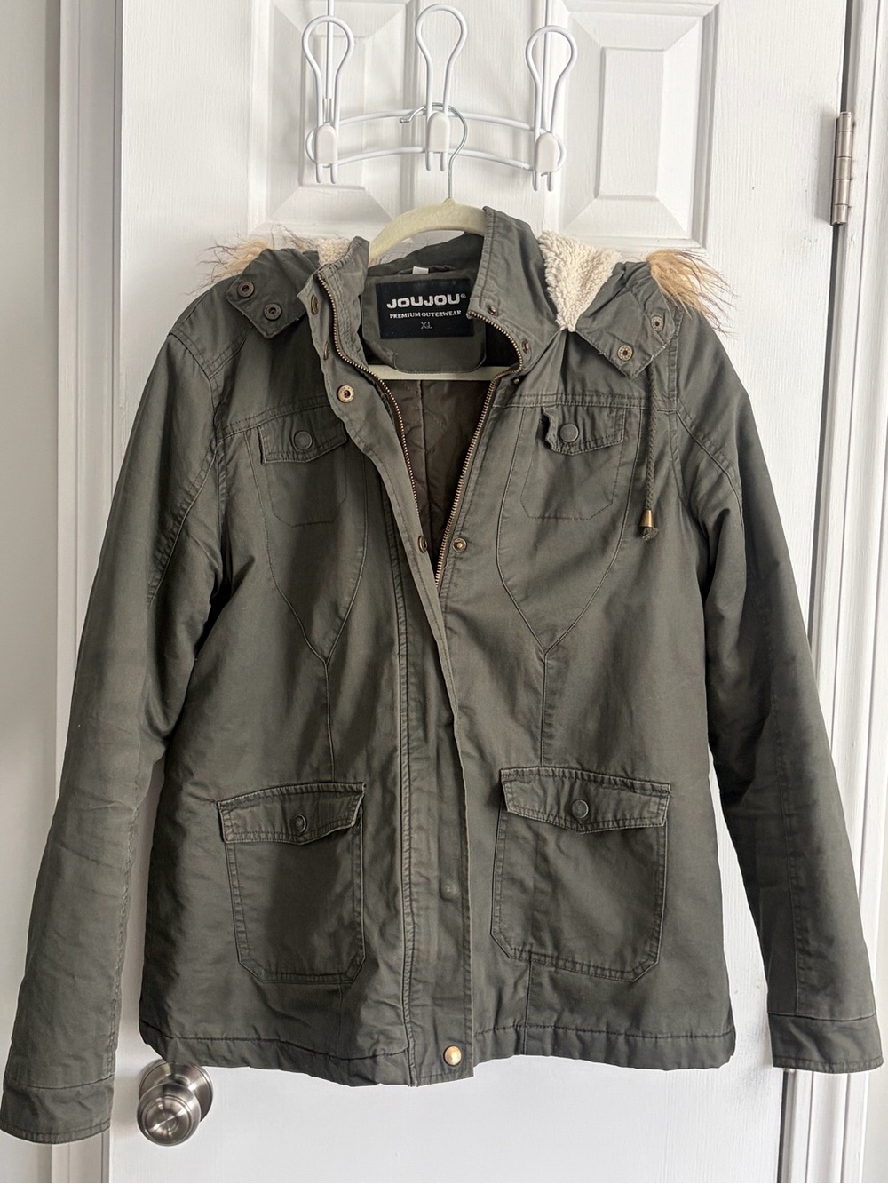 Jou Jou Olive Women’s Jacket with Faux-Fur Trim